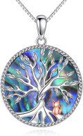 wholesale 925 Sterling Silver Tree of Life Pendant with Abalone Shell and Rose Gold Cat Charm Necklace-0-0