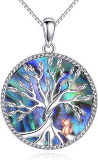 wholesale 925 Sterling Silver Tree of Life Pendant with Abalone Shell and Rose Gold Cat Charm Necklace-Cat-2