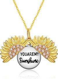 wholesale 925 Sterling Silver Winged Heart Pendant with Pink Cubic Zirconia and YOU ARE MY SUNSHINE Engraving - Mother's Day s for Her-Gold Sunflower