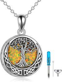 wholesale 925 Sterling Silver Round Abalone Shell and Fire Opal Tree of Life Cremation Jewelry Keepsake Pendant Necklace with Funnel & Fill Tool Set-Yellow opal