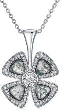 wholesale 925 Sterling Silver Green Moss Agate & White Cubic Zirconia Four-Leaf Clover Necklace-0-0