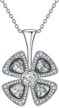 wholesale 925 Sterling Silver Green Moss Agate & White Cubic Zirconia Four-Leaf Clover Necklace-Moss Agate