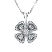 wholesale 925 Sterling Silver Green Moss Agate & White Cubic Zirconia Four-Leaf Clover Necklace-Moss Agate