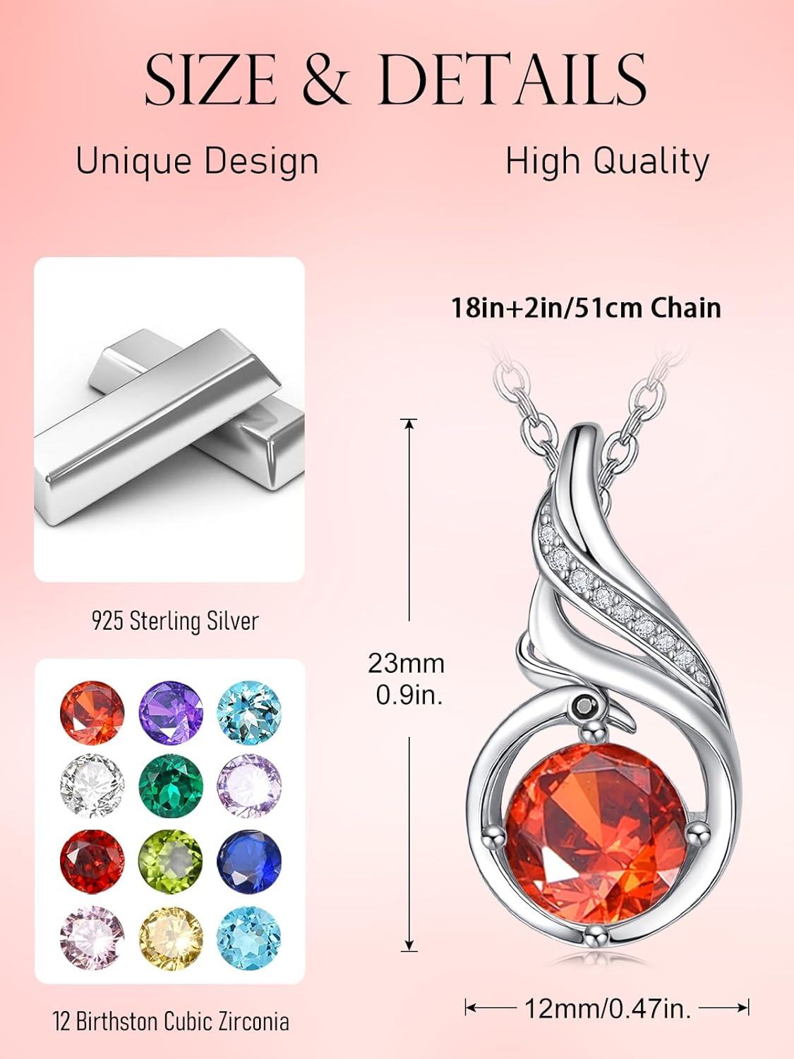 925 Sterling Silver Phoenix Birthstone Pendant Necklace for Women-0-2