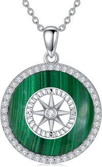 wholesale 925 Sterling Silver Malachite Round Compass Pendant Necklace for Women's Graduation Gifts-C-Malachite