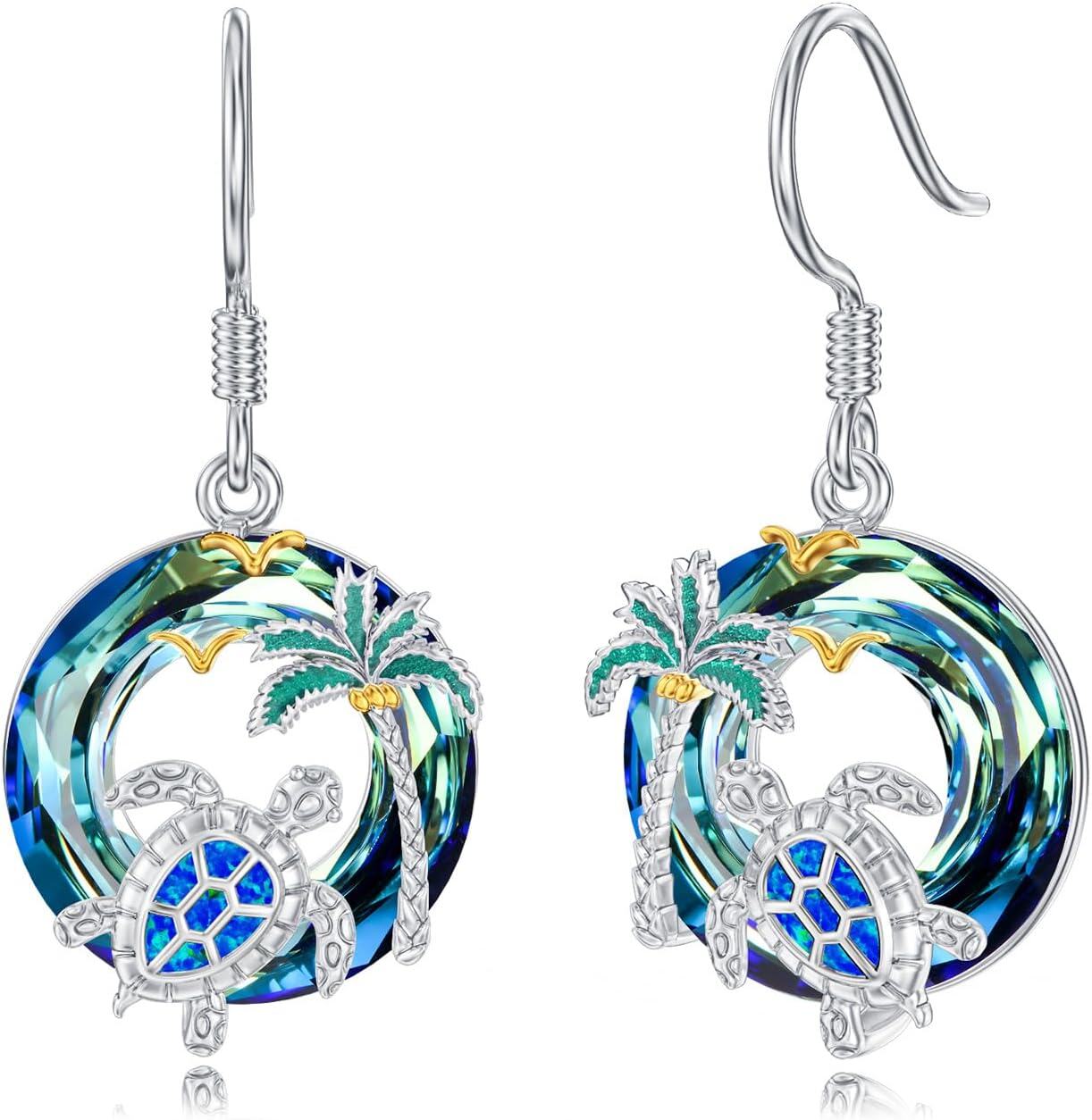 Sterling Silver Crystal Sea Turtle Dangle Earrings for Women Valentine s Day Gifts-Sea Turtle-Palms