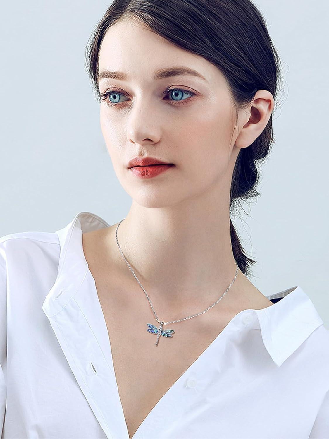 wholesale 925 Sterling Silver Abalone Shell Inlay Dragonfly Pendant Necklace for Women-0-5