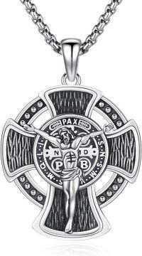 wholesale Sterling Silver Archangel Medals St Pendant Necklace for Men Women-91-St Benedict Crucifix(round medal silver)