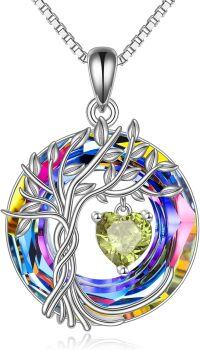 wholesale Sterling Silver Crystal Tree of Life Necklace for Women Birthstone Pendant-08-Aug-Peridot