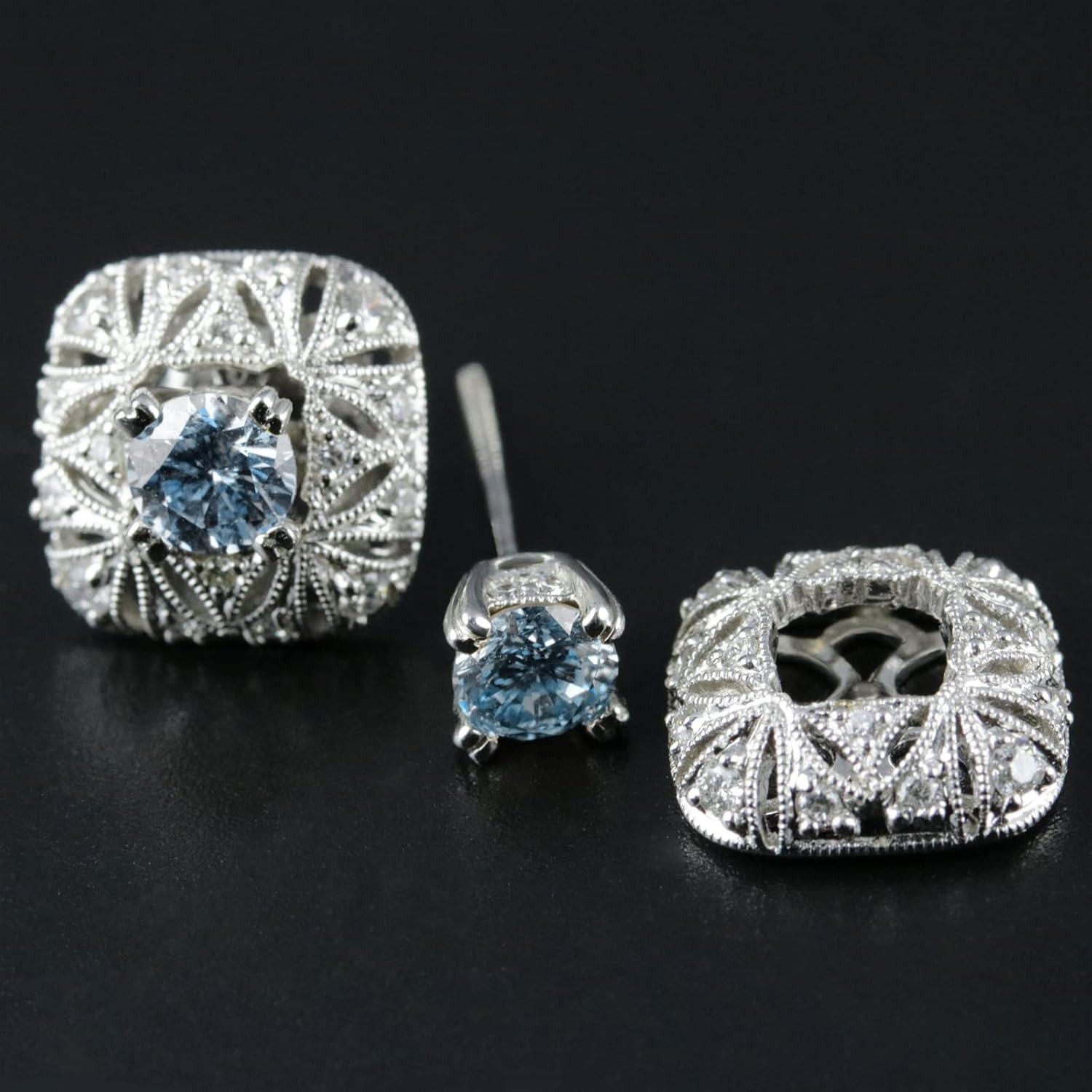 925 Sterling Silver Blue Topaz Stud Earrings with Cubic Zirconia Accents - Square Shape-0-2