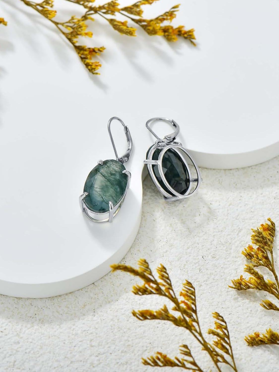 Sterling Silver Moss Agate Dangle Earrings for Women-0-4