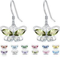 wholesale 925 Sterling Silver Cubic Zirconia 12 Birthstone Butterfly Dangle Earrings-08-Aug.