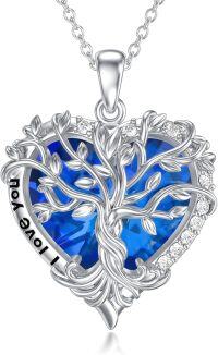wholesale 925 Sterling Silver Tree of Life Necklace with Cubic Zirconia & Blue Crystal, I Love You Gift for Women-Blue
