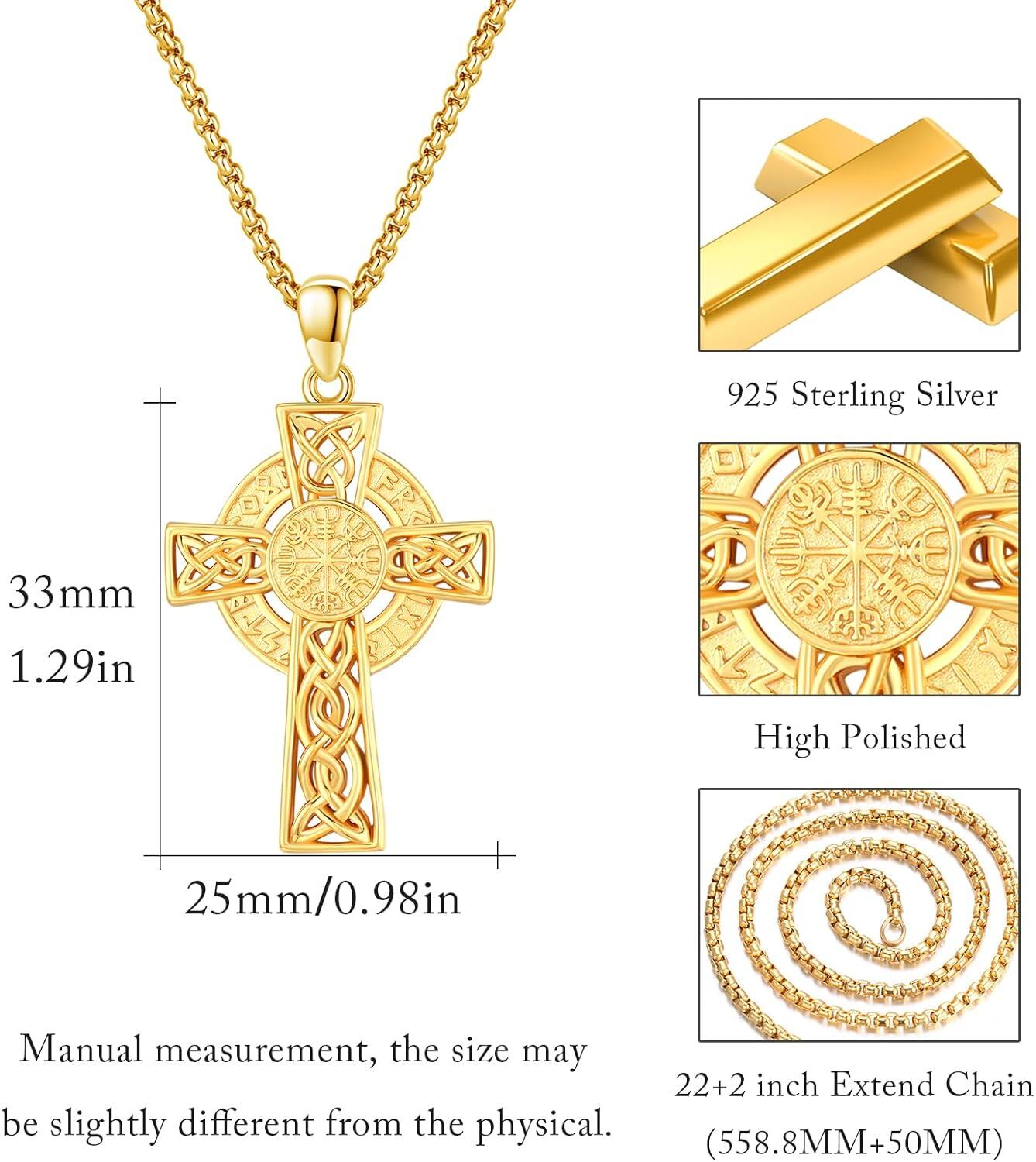 Gold 925 Sterling Silver Norse Vegvisir Compass Pendant with Valknut and Knotwork Design Chain Necklace for Men & Women-0-5