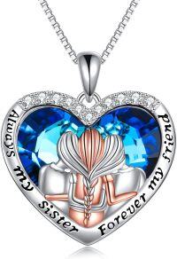 wholesale 925 Sterling Silver Heart-Shaped Blue Crystal Pendant Necklace with Angels and Always My Sister Forever my Friend Inscription - Gifts for Sisters/Mom/Daughter-3 Sisters Crystal necklace