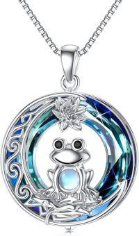 wholesale 925 Sterling Silver Blue Crystal Frog Lotus Flower Pendant Necklace for Women-Fog-Blue Crystal