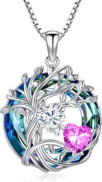 wholesale 18K White Gold Filled Sterling Silver Family Tree Pendant with 2 Heart Birthstones Blue Austrian Crystal Necklace for Women-04-10-Apr-Oct Birthstone