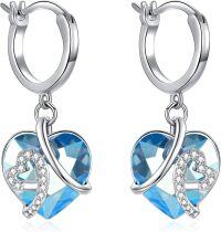 wholesale Sterling Silver Heart Crystal Dangle Hoop Earrings for Women-D-Aquamarine Blue