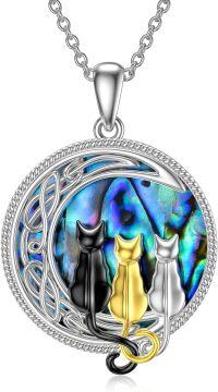 wholesale 925 Sterling Silver Abalone Shell Celtic Cat on the Moon Necklace for Women Birthday Christmas s-3 Cats(Black, Yellow Gold and Silver)-Abalone Shell-03