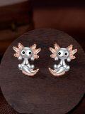 wholesale 925 Sterling Silver Axolotl Stud Earrings with Maple Leaf Design - Cute Animal  for Women Girls-0-2