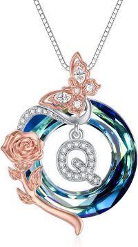 wholesale TOUPOP Mothers Day Necklace Rose Necklace With Butterfly Q Initial Necklace 925 Sterling Silver With Q Letter Blue Crystal Birthday Gifts For Her Mom Wife Girlfriend -undefined