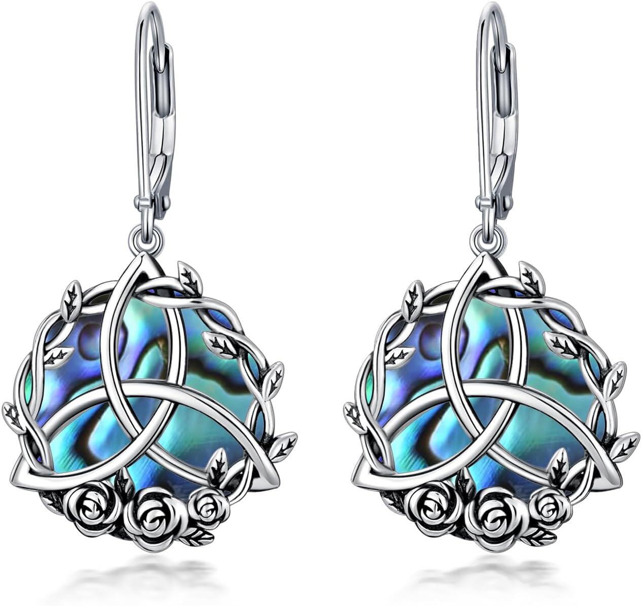 Sterling Silver Irish Celtic Earrings Claddagh Tree of Life Triquetra Trinity Knot Leverback Dangle Drop Vintage Round Lucky Jewelry Gifts for Women-Rose Flower-Abalone Shell