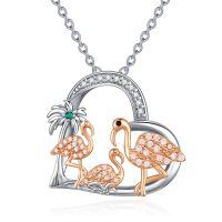 wholesale 925 Sterling Silver Flamingo Family Heart Pendant Necklace with Chain (18+2) - Gifts for Women & Moms on Valentine's Day Mothers' Day Birthdays and Christmas-Three Flamingos