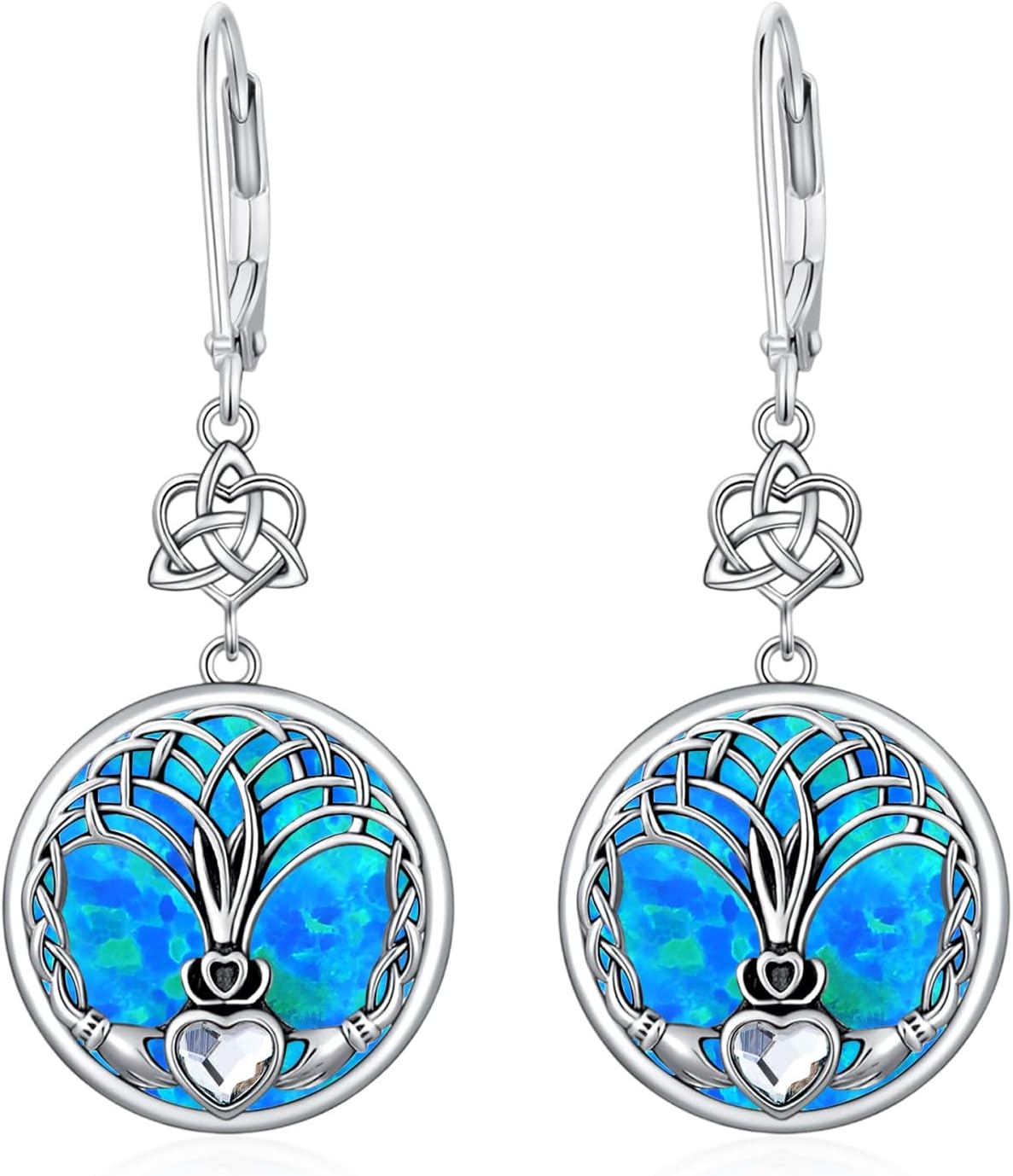 Sterling Silver Irish Celtic Earrings Claddagh Tree of Life Triquetra Trinity Knot Leverback Dangle Drop Vintage Round Lucky Jewelry Gifts for Women-Claddagh-Blue Opal