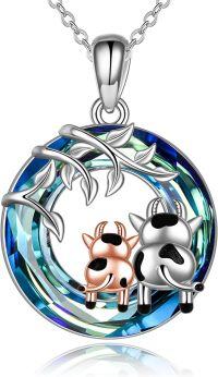 wholesale 925 Sterling Silver and Blue Crystal Cow Pendant Necklace for Women-Blue Circle Crystal Cow Necklace