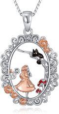 wholesale 925 Sterling Silver Blue Abalone Shell Alice in Wonderland Cat Pendant Necklace with Red Rose and Mushroom Elements - Gifts for Her-0-6