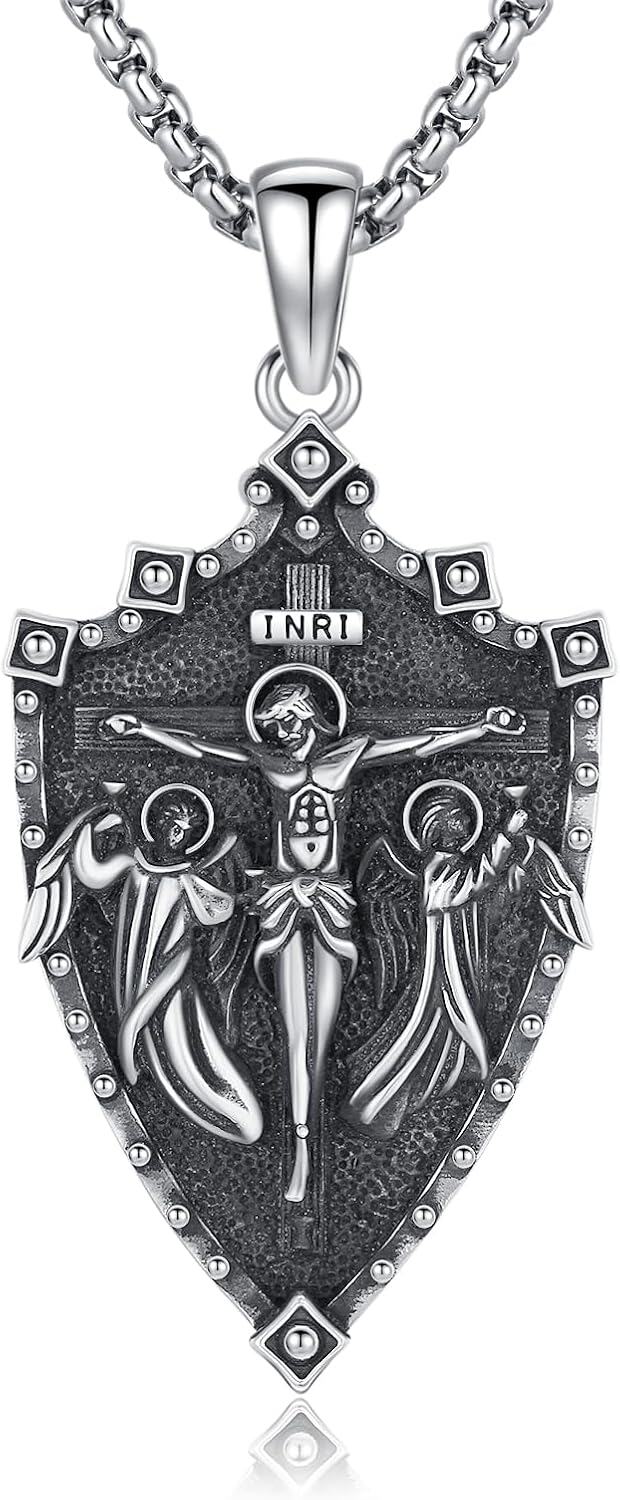 Sterling Silver Stone Saint George Shield Jesus Archangel Knight Templar Armor Pendant Necklace for Men-Shield Jesus Necklace