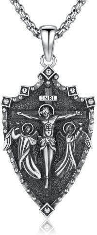 wholesale 925 Sterling Silver INRI Crucifix Cross Jesus Christ Angel Knights Templar Armor Pendant Necklace for Men-Shield Jesus Necklace
