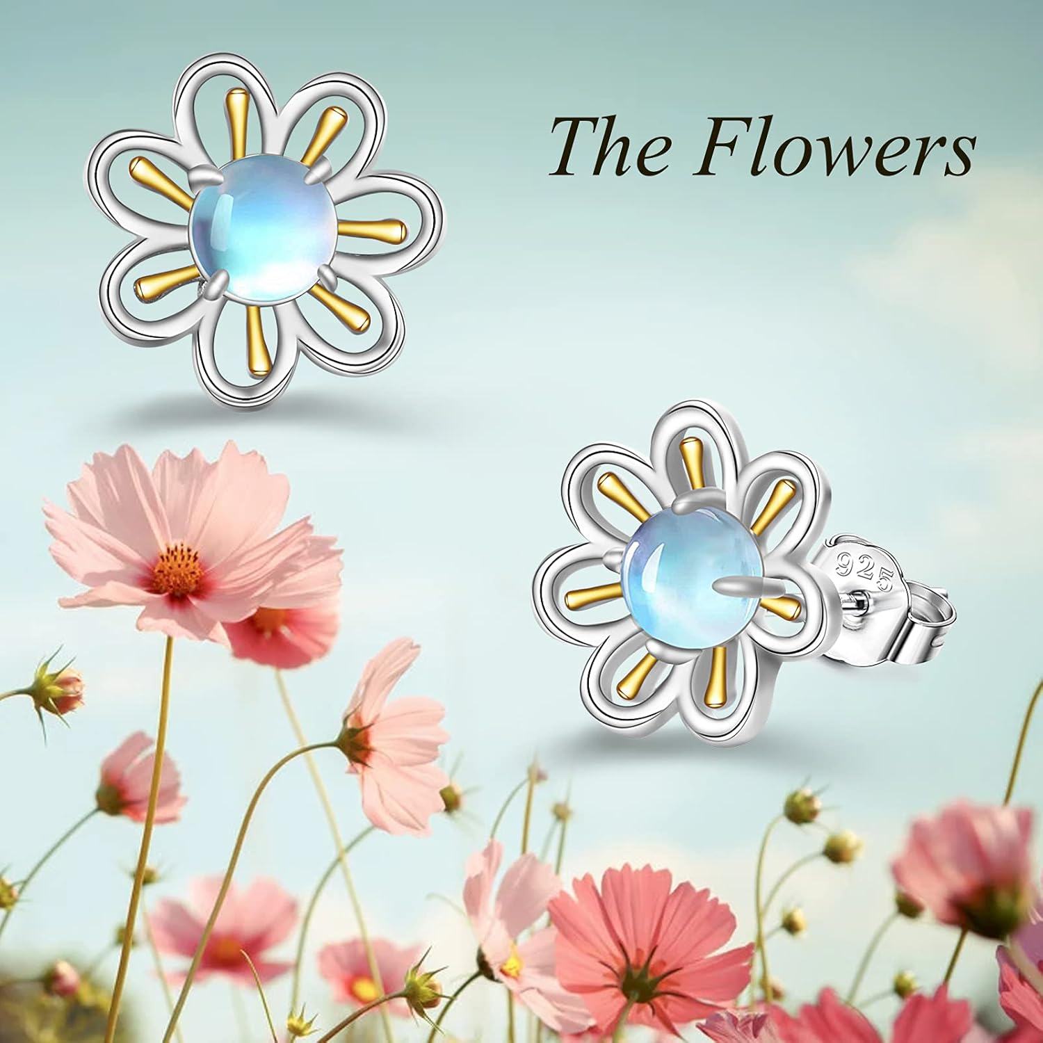 wholesale 925 Sterling Silver Blue Moonstone Daisy Stud Earrings Hypoallergenic Jewelry for Women-0-4