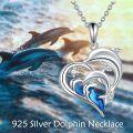 wholesale 925 Sterling Silver Heart-Shaped Dolphins Wave Pendant Necklace with Blue Enamel and Cubic Zirconia Gifts for Women-0-1
