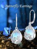 wholesale 925 Sterling Silver Butterfly & Flower Design Blue Opalite Drop Dangle Lever Back Earrings for Women Girls  38mm x 76mm-0-1