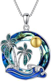 wholesale 925 Sterling Silver Blue Crystal Palm Tree Wave Necklace for Women, 0.86 Pendant, 18+2 Chain, Hypoallergenic Ocean Jewelry Gift-Palm Tree