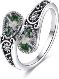 wholesale 925 Sterling Silver Boho Adjustable Vintage Spoon Ring Thumb Ring Statement Jewelry Gift for Women-Filigree-Moss Agate