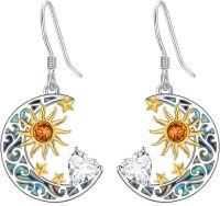 wholesale 925 Sterling Silver Heart Birthstone Sun Moon Dangle Drop Earrings for Women Mom-White Apr.