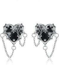 wholesale 925 Sterling Silver Gothic Black Enamel Witch's Heart Stud Chain Earrings-A-Stud