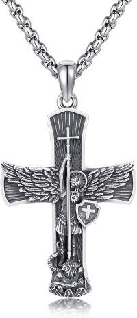 wholesale 925 Sterling Silver Angel Wings & Shield Pendant with Chain for Men-St Michael