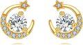 wholesale 14K Gold Crescent Moon & Star CZ Stud Earrings for Women - Birthday/Christmas Gifts-0-0