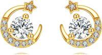 wholesale 14K Gold Crescent Moon & Star CZ Stud Earrings for Women - Birthday/Christmas Gifts-Moon
