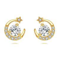 wholesale 14K Gold Crescent Moon & Star CZ Stud Earrings for Women - Birthday/Christmas Gifts-Moon