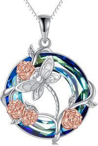 wholesale 925 Sterling Silver Blue Crystal Rose Flower Pendant Necklace for Women Girls  45cm Chain Length-Dragonfly