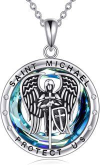 wholesale 925 Sterling Silver Saint Michael Pendant Necklaces with Blue Crystal and Cubic Zirconia Protection s for Women Men-A-ST Michael with Blue Circle Crystal