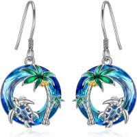 wholesale 925 Sterling Silver Blue Crystal Palm Tree Sea Turtle Dangle Earrings-A-Sea Turtle-Blue Crystal