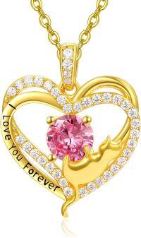 wholesale Sterling Silver Birthstone Cat Projection Heart Pendant Necklace-Gold-10 Oct - Tourmaline