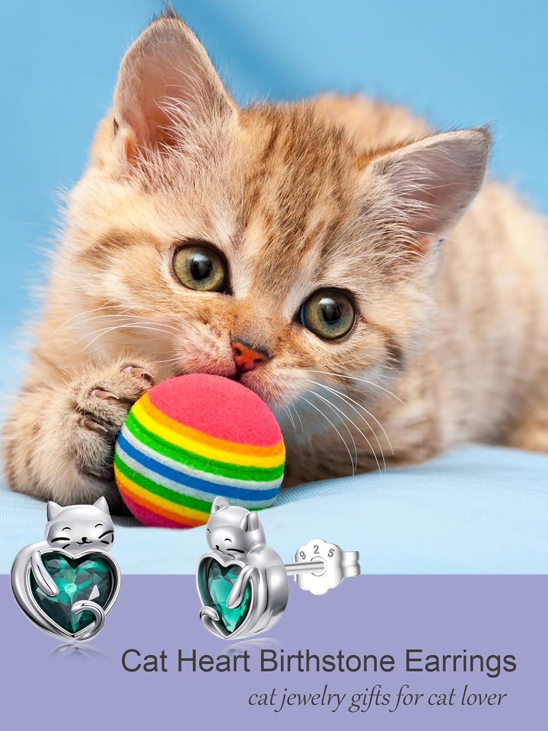 wholesale 925 Sterling Silver May Emerald Cat Stud Earrings 10-13mm, Cute Elegant Gift for Cat Lovers-0-5