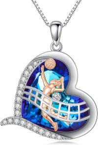 wholesale 925 Sterling Silver Blue Crystal Heart-Shaped Volleyball Sports Pendant Necklace-Volleyball Necklace