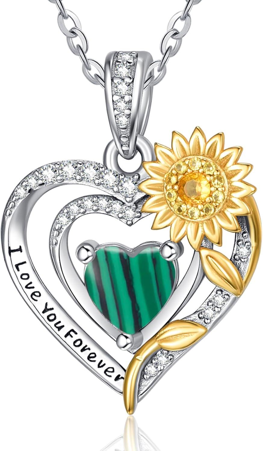 Sterling Silver Sunflower Birthstone Pendant Necklace for Women-Malachite